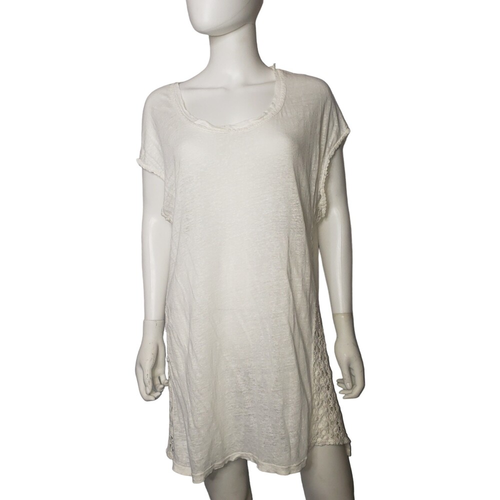 White Linen Crochet Detail Tunic Top Cover Up Dress Size Large